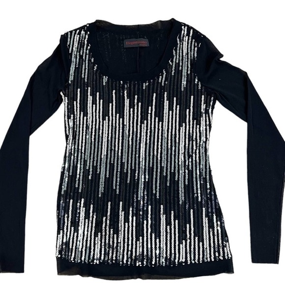 Elegantissimo Firenze Woman’s Blouse Large Black Sequined Sheer Long Sleeves - Picture 1 of 11
